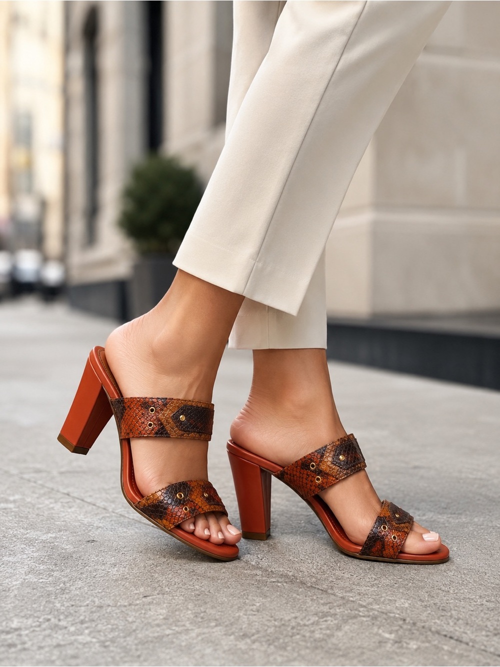 ANTONIO MELANI Burnt Orange Brown Snake-Print Double-Strap Block Heel Mules 8.5